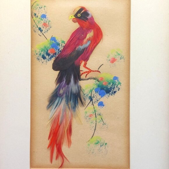Vintage Feather Art Bird Painting in Ornate Gold Frame 7 5/8 x 9 5/8 Handcrafted - Picture 2 of 4